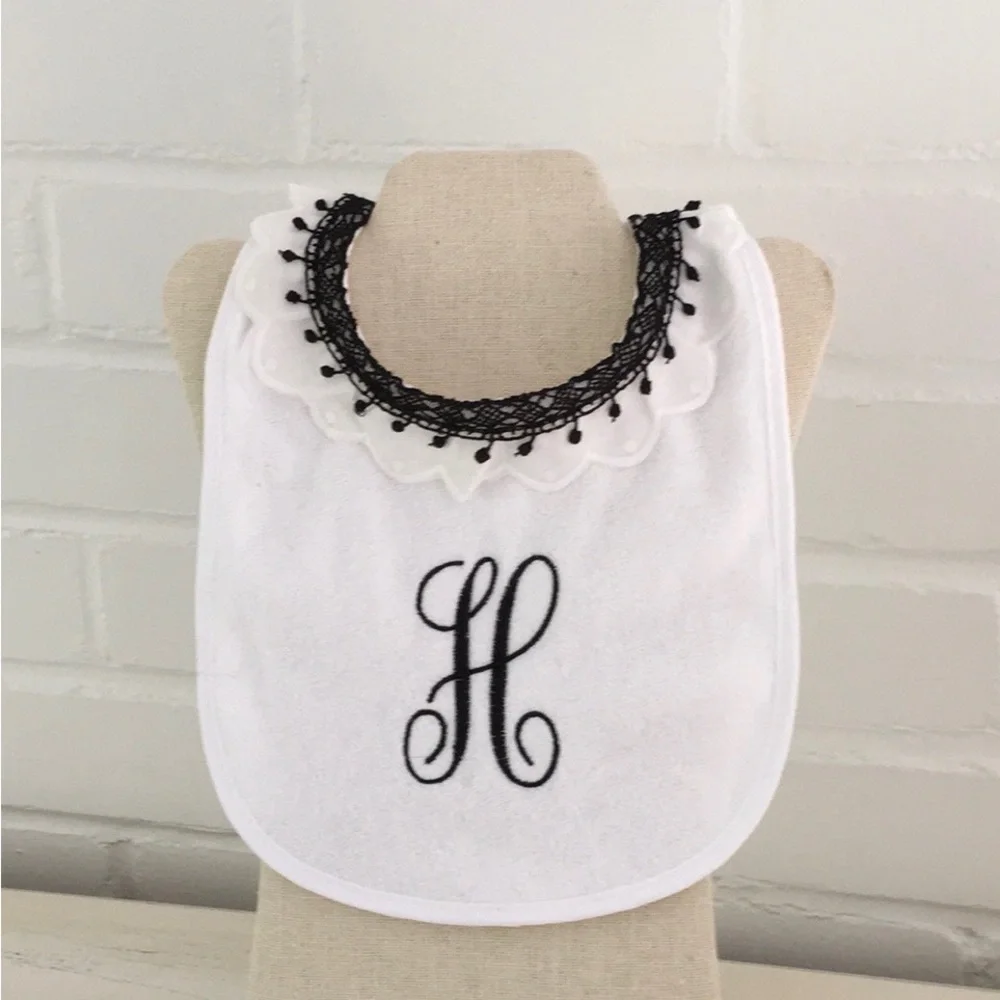 Embroidered “H” White Terrycloth Personalized Brand New Girl Bib Baby Gift
